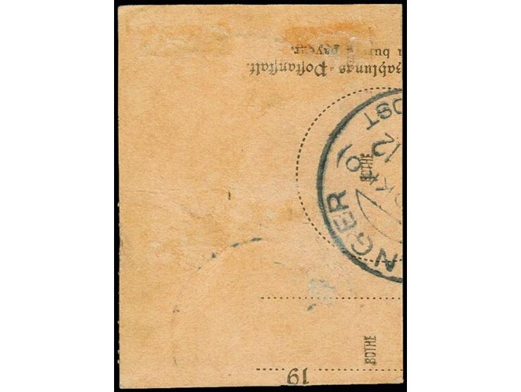 6 Pes. 25 C. auf M. und 3 Pes. 75C. auf 3 M. je mit Stempel "MEKNES DP 11.11.12" auf Postanweisungs-Briefstück, Pracht, sign.