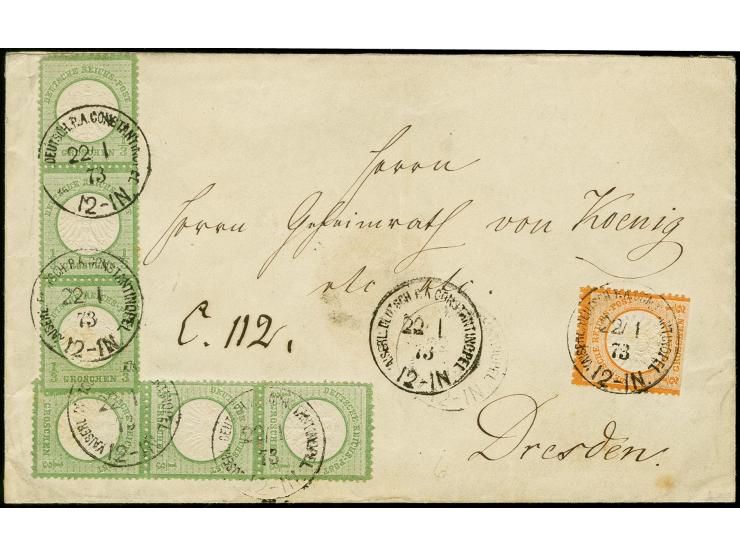 1872, kleiner Schild 1/3 Gr. grün, zwei senkrechte 3er-Streifen und großer Schild 1/2 Gr. orange mit Stempel "KAISERL.DEUTSCH