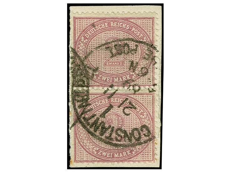 2 M. lebhaftgraulia im senkrechten Paar mit Stempel "CONSTANTINOPEL 1 DP 21.11.89" auf Briefstück, Eckzahn mit Stockpunkt, so
