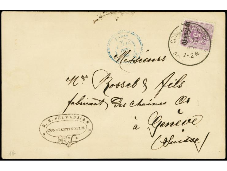 1884, 10 Pa. auf 5 Pfg. graupurpur mit Stempel "CONSTANTINOPEL 2 12 12 85" auf Werbekarte einer Uhrenhandlung in die Schweiz 