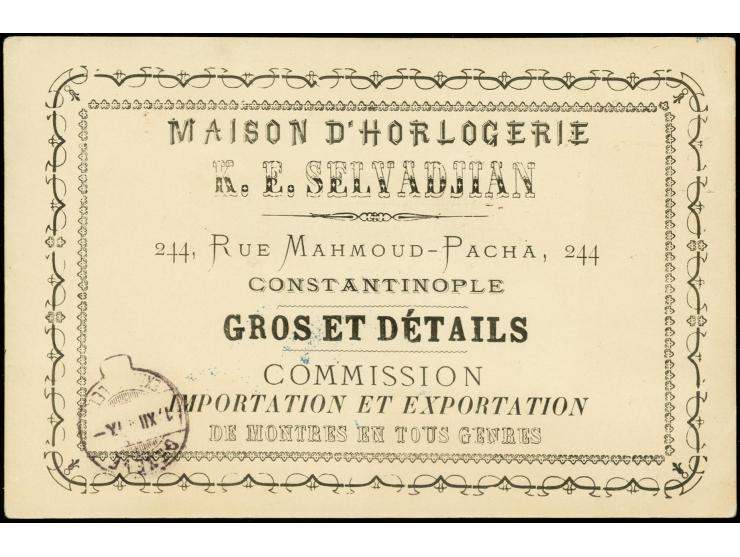 1884, 10 Pa. auf 5 Pfg. graupurpur mit Stempel "CONSTANTINOPEL 2 12 12 85" auf Werbekarte einer Uhrenhandlung in die Schweiz 
