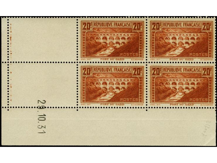 1929, Pont du Gard 20fr., block of four from the lower left sheet margin with "coin date", mint never hinged, very fine, cert