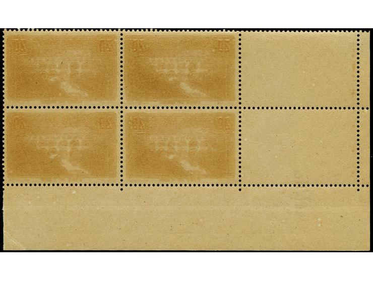 1929, Pont du Gard 20fr., block of four from the lower left sheet margin with "coin date", mint never hinged, very fine, cert