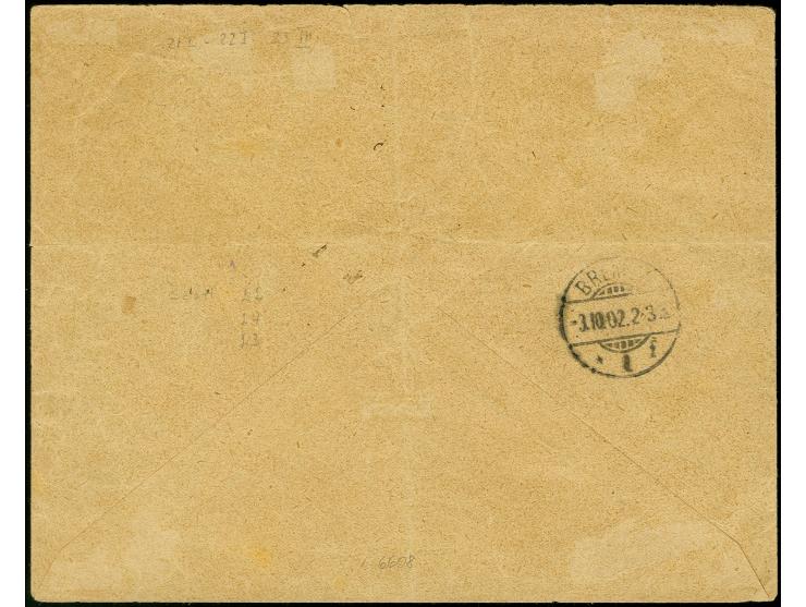 10 Pia. auf 2 M., Type I, 15 Pia. auf 3 M., Type I und 25 Pia. auf 5 M.,Type I, Nachmalung mit Rot und Deckweiß, je mit Stemp