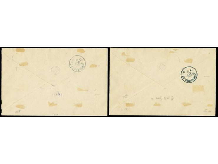 1900, 10 Pa. bis 25 Pia. auf 5 M. (Type I, Nachmalung mit Rot und Deckweiß) kpl. auf 2 R-Briefen von "CONSTANTINOPEL 3 21.12.