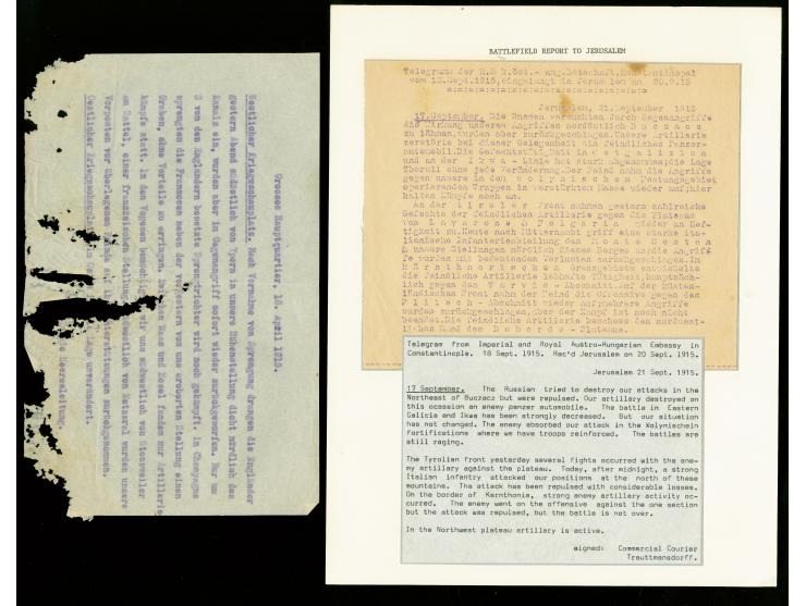 1914/15, 3 Abschriften von empfangenen Telegrammen von der deutschen Botschaft in Konstantinopel an das Generalkonsulat in Je