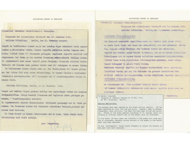 1914/15, 3 Abschriften von empfangenen Telegrammen von der deutschen Botschaft in Konstantinopel an das Generalkonsulat in Je