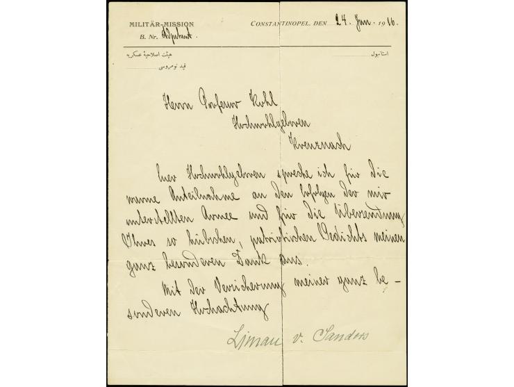1916, handgeschriebenes Dankschreiben mit Briefkopf "Militär-Mission" und Datierung "Constantinopel, den 24.Jun.1916" mit e. 