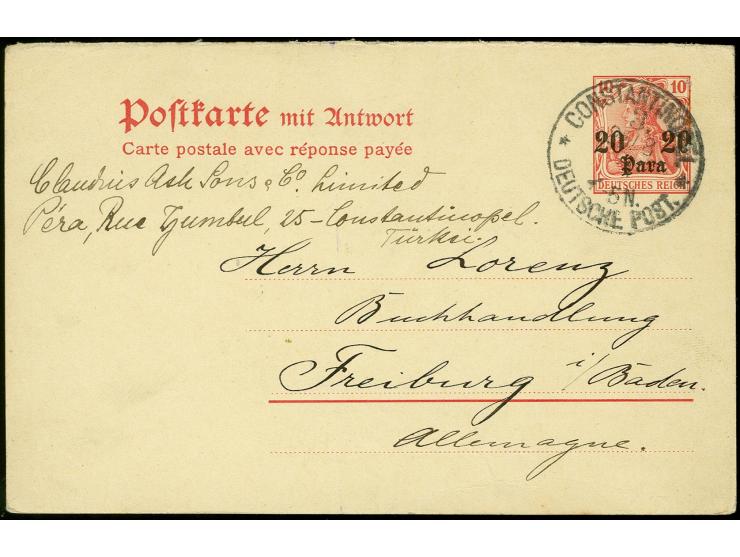 20 Pa. auf 10 Pfg. Frage-Ganzsachenkarte (Urkarte P 82 A) bedarfsgebraucht von "CONSTANTINOPEL DP 3. 25.8.14" mit viel Text n