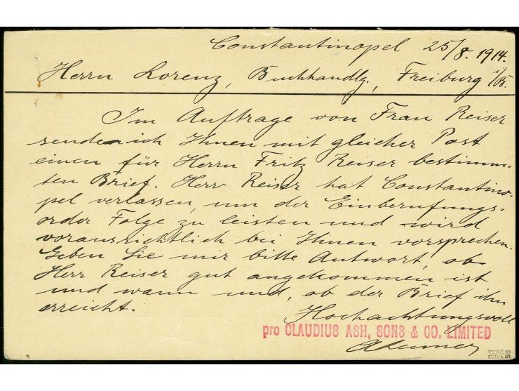 20 Pa. auf 10 Pfg. Frage-Ganzsachenkarte (Urkarte P 82 A) bedarfsgebraucht von "CONSTANTINOPEL DP 3. 25.8.14" mit viel Text n