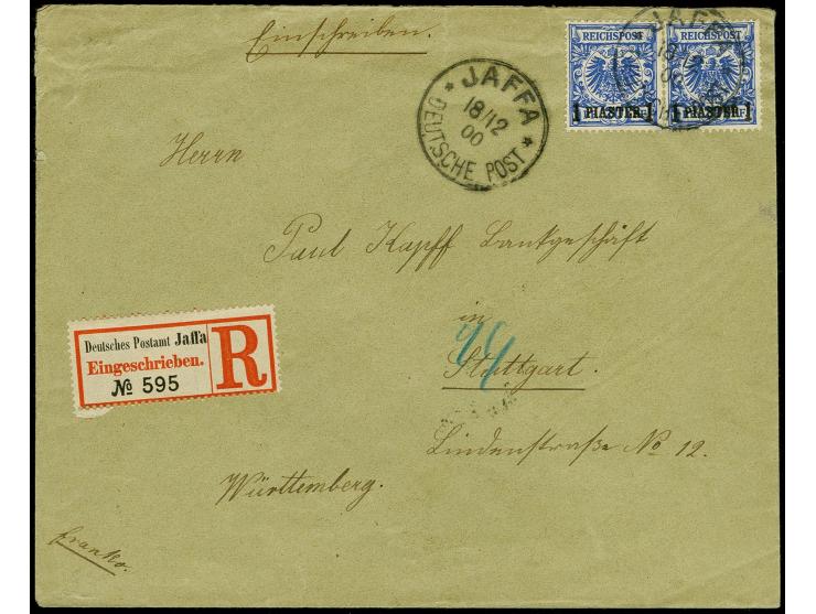 HOLY LAND: "JAFFA DEUTSCHE POST 18.12.00" auf 1 Pia. blau (waagerechtes Paar) auf R-Brief (R-Zettel Steichele Type A), nach S