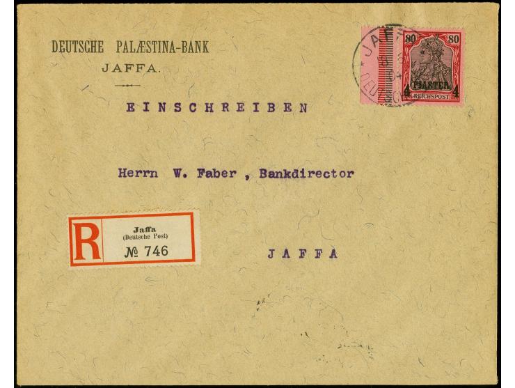 "JAFFA DEUTSCHE POST 18/6 04" auf 4 Pia. (linkes Randstück) auf Orts-Bank-R-Brief mit seltenem R-Zettel (Steichele Type D)