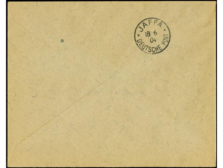 "JAFFA DEUTSCHE POST 18/6 04" auf 4 Pia. (linkes Randstück) auf Orts-Bank-R-Brief mit seltenem R-Zettel (Steichele Type D)