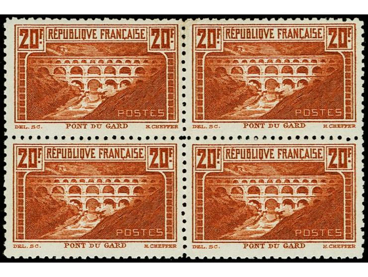 1929, Pont du Gard 20 fr. as block of four, unused, very fine
