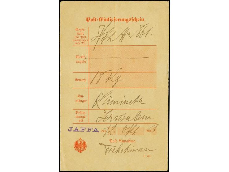 "JAFFA", violetter L1 und handschriftlich "12. Okt. (0)3" auf Post-Einlieferungsschein (C62) für ein Paket über 18 kg nach Je