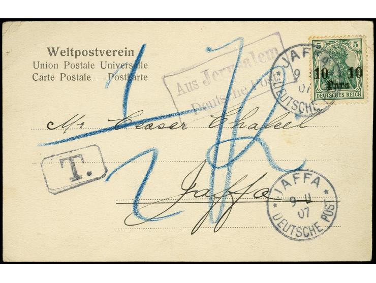 "Aus Jerusalem Deutsche Post", blauvioletter Rahmenstempel auf Ansichtskarte mit 10 Pa. gestempelt "JAFFA DEUTSCHE POST 9.II.