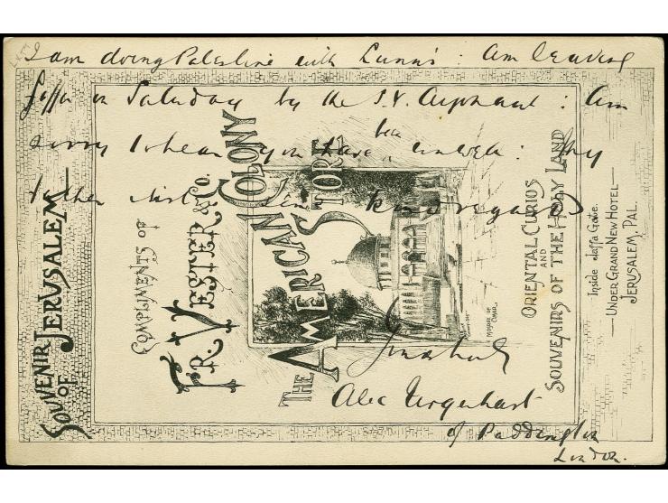 "Aus Jerusalem Deutsche Post", blauvioletter Rahmenstempel auf Ansichtskarte mit 10 Pa. gestempelt "JAFFA DEUTSCHE POST 9.II.