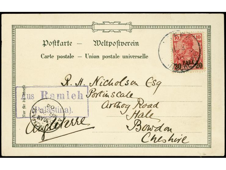 "Aus Ramleh (Palästina)", violetter Rahmenstempel auf Ansichtskarte mit 20 Pa. mit Stempel "JAFFA DEUTSCHE POST 11.3.04" nach
