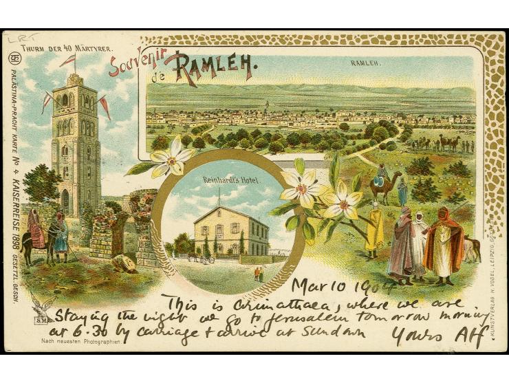 "Aus Ramleh (Palästina)", violetter Rahmenstempel auf Ansichtskarte mit 20 Pa. mit Stempel "JAFFA DEUTSCHE POST 11.3.04" nach