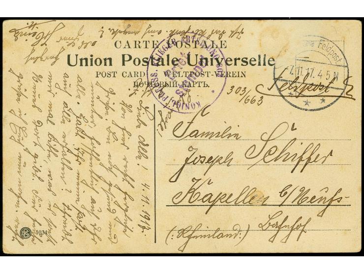 "Deutsche Feldpost 7.11.17", Tarnstempel und Nebenstempel "KÖNIGL. PREUSS. FLIEGER ABTEILUNG 303" auf Feldpost-Ansichtskarte 