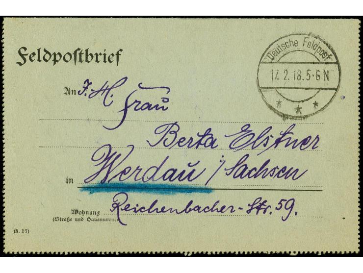 "Deutsche Feldpost 17.2.18", Tarnstempel auf Feldpostkartenbrief (geschrieben in Nazareth) nach Deutschland