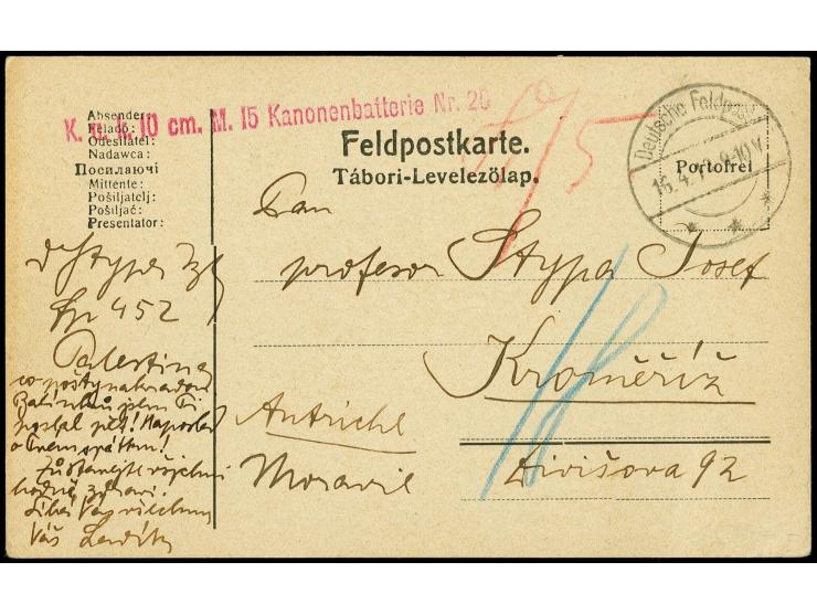 "Deutsche Feldpost 16.4.18", Tarnstempel auf Feldpostkarte mit rotem Nebenstempel "K.u.k. 10 cm M. 15 Kanonenbatterie Nr. 20"