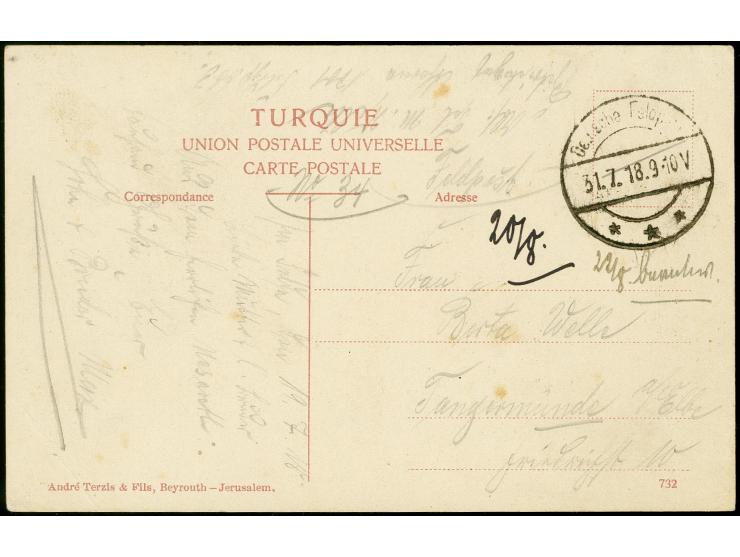 "Deutsche Feldpost 31.7.18", Tarnstempel auf Feldpost-Ansichtskarte von Nazareth nach Deutschland, selten