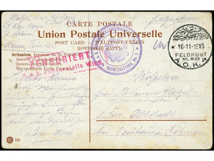 "A.O.K.4 / 16.11.16" und violetter Nebenstempel "k.u.k. GEBIRGSARTILLERIEREGIMENT Nro. 6 / HAUBITZENBATTERIE No.2" auf Feldpo