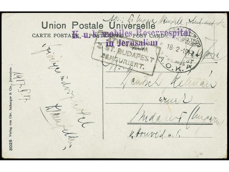 "A.O.K.4/18.2.17" und violetter L2 "K.u.K. mobiles Reservespital in Jerusalem" auf Feldpost-Ansichtskarte nach Ungarn mit Zen