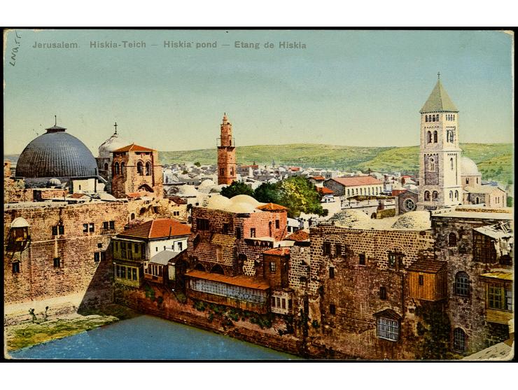 "A.O.K.4/18.2.17" und violetter L2 "K.u.K. mobiles Reservespital in Jerusalem" auf Feldpost-Ansichtskarte nach Ungarn mit Zen