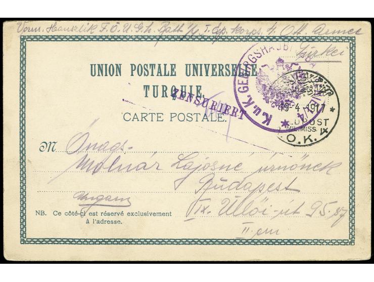 "A.O.K.4 / 19.4.17" und violetter Nebenstempel "K.u.K. GEBIRGSHAUBITZBATTERIE 1/4" auf Feldpost-Ansichtskarte (Ansicht Bethle