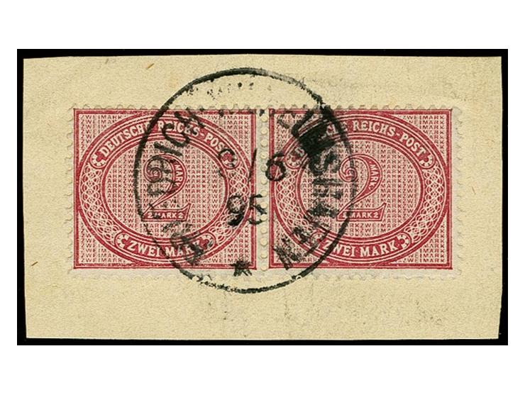 2 M. dunkelrotkarmin im waagerechten Paar, farbfrisch und gut gezähnt mit EKr. "FRIEDRICH-WILHELMSHAFEN 8.6.95" auf Briefstüc