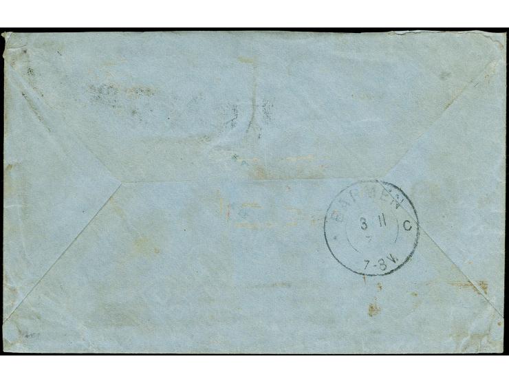 20 Pfg. dunkelultramarin, Viererblock, senkrechtes Paar und Einzelwert je mit Tintenstrich-Entwertung als portogerechte Mehrf