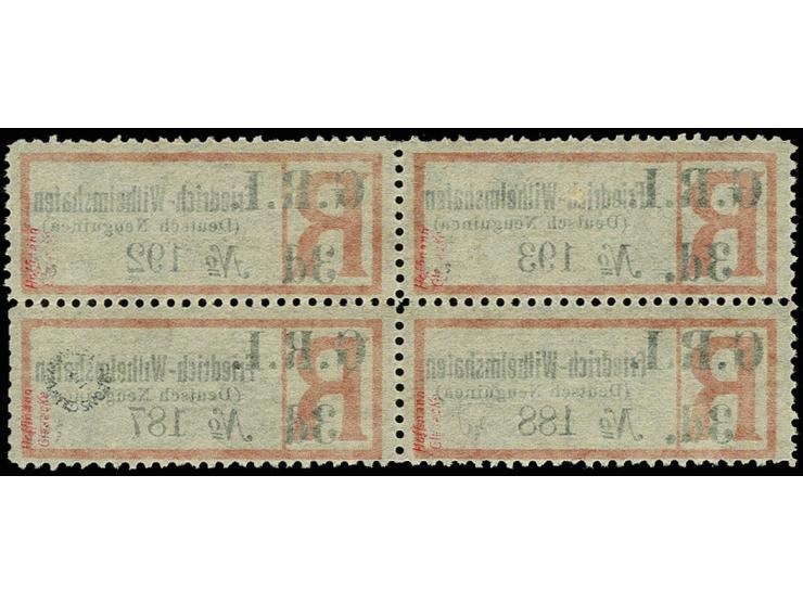 1914, 3 d. auf Einschreibzettel "Friedrich-Wilhelmshafen" (Grotesk) im Viererblock, dabei die rechten beiden Werte mit Aufdru