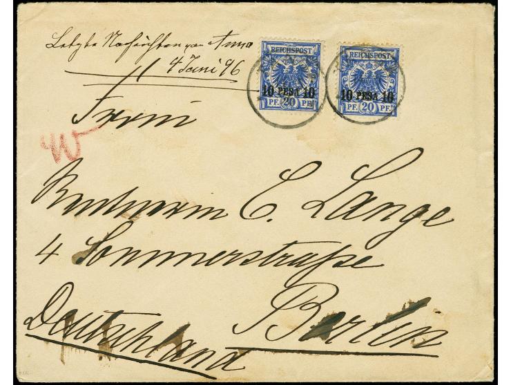 10 P. auf 20 Pfg., zwei Einzelwerte als portogerechte Mehrfachfrankatur auf Brief der 2. Gewichtsstufe von "TANGA 14.5.96" vi