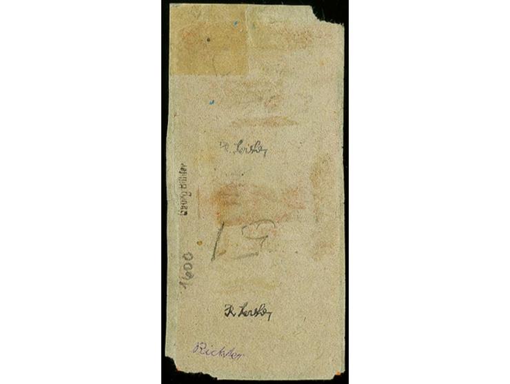 1889, 3 P. schwarz auf rötlichorange im senkrechten Kehrdruck-Paar, farbfrisch und allseits breitrandig auf Briefstück, tadel