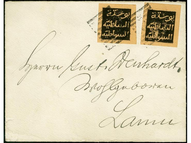 1889, 1/4 R. schwarz auf mattorosa, zwei Einzelwerte je mit Balken-W-Stempel auf Brief an Denhardt in Lamu, Umschlag unten mi