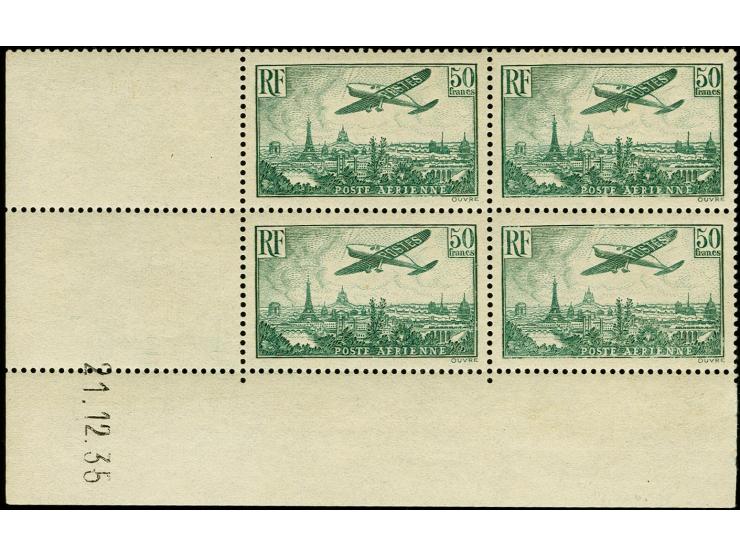 1926, air mail 50 fr. dark green, block of 4 from the sheet corner with printing date, tiny hinge mark only in lower richt ma