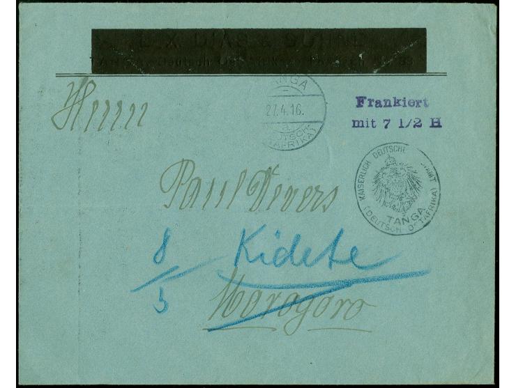 1916, Vorausfrankierungs-Umschlag mit Dienstsiegel Tanga und violettem L2 "Frankiert mit 7 1/2 H.", gebraucht von "TANGA 27.4
