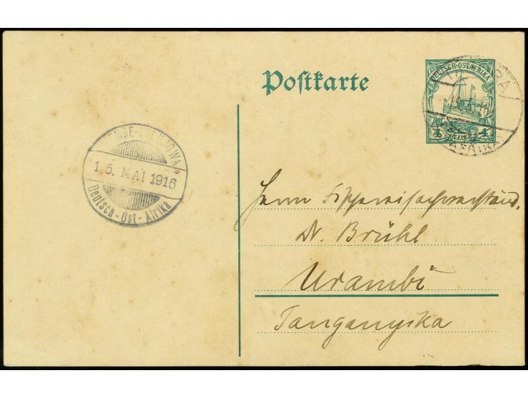 "NYEMBE-BULUNGWA 15.MAI.1916", privater Stempel klar auf bedarfsgebrauchter Ganzsachenkarte 4 H. mit Poststempel "TABORA 19.5