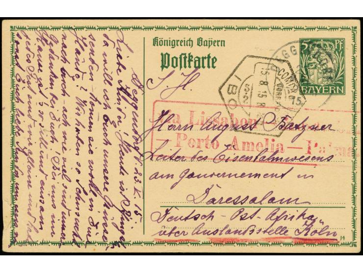 1915: 23.5., Bayern Ganzsachenkarte 5 Pfg. von "DEGGENDORF 23.5.15" mit Leitvermerk "via Auslandsstelle Köln" mit rotem Ra2 "