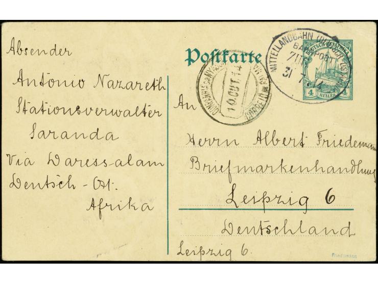 1. Postabgang: 1914, 31.7., Ganzsachenkarte 4 H. mit Bahnpoststempel "MITTELLANDBAHN (DOA) ZUG 31.7.14" (ohne Zugnummer, UB n