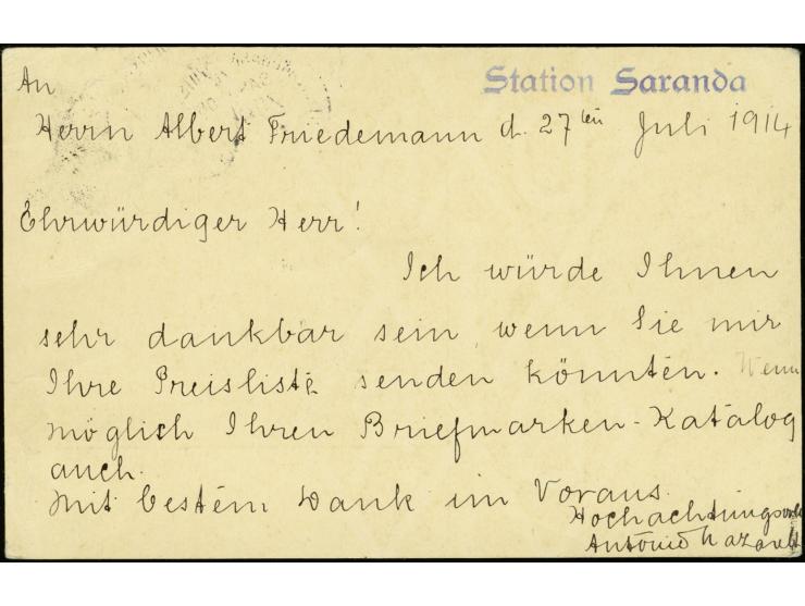 1. Postabgang: 1914, 31.7., Ganzsachenkarte 4 H. mit Bahnpoststempel "MITTELLANDBAHN (DOA) ZUG 31.7.14" (ohne Zugnummer, UB n