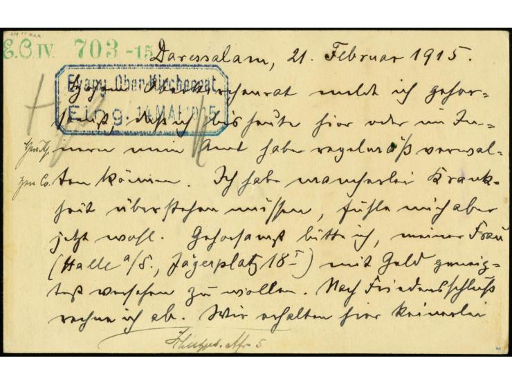 5. Postabgang: 1915, 22.2., Ganzsachenkarte 4 H. von "DARSSALAM c 22.2." mit violettem Zensur-Stempel "Zensur passiert DOA" n