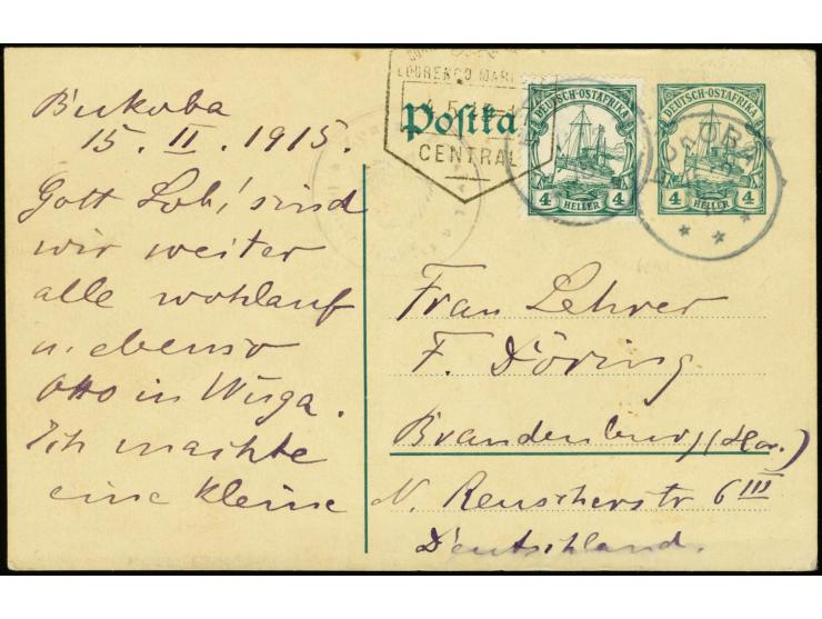 6. Postabgang: 1915, 15.2., Ganzsachenkarte 4 H. mit Zufrankatur Kaiseryacht 4 H. gebraucht von "BUKOBA 15.2." mit violettem 
