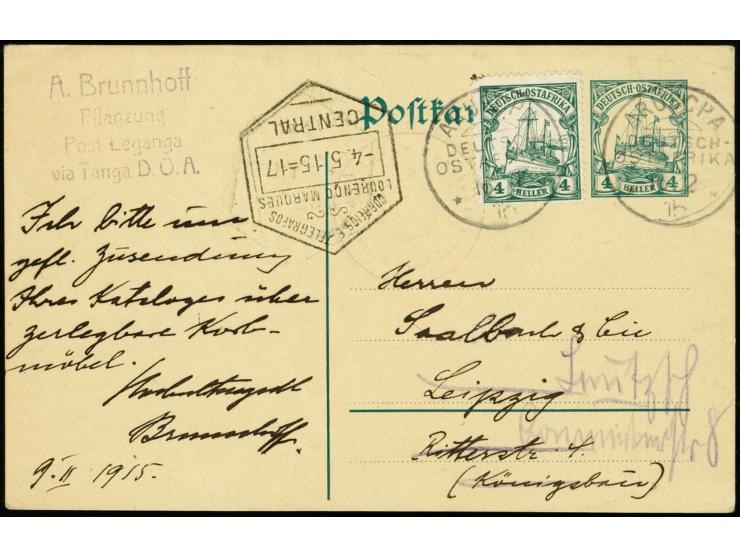 6. Postabgang: 1915, 16.2., Ganzsachenkarte 4 H. mit Zufrankatur Kaiseryacht 4 H. und Absenderstempel "...Pflanzung Post Lega
