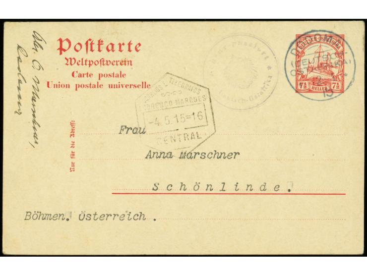6. Postabgang: 1915, 12.3., Ganzsachenkarte 7 1/2 H. gebraucht von "DODOMA 12.3.." mit violettem Zensur-Stempel "Zensur passi
