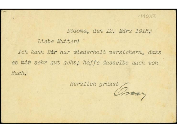 6. Postabgang: 1915, 12.3., Ganzsachenkarte 7 1/2 H. gebraucht von "DODOMA 12.3.." mit violettem Zensur-Stempel "Zensur passi