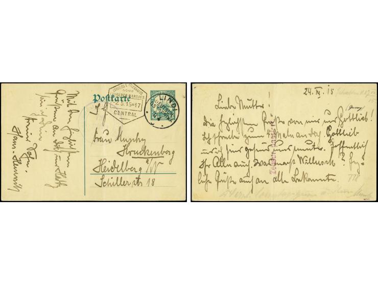 6. Postabgang: 1915, 14.4., Ganzsachenkarte 4 H. gebraucht von "LINIDI 14.4." mit rückseitigem violettem Zensur-L1 "Zensur pa