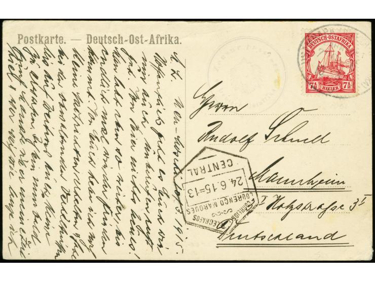 7. Postabgang: 1915, 10.3., Kaiseryacht 7 1/2 H. mit Bahnpost-Stempel "USAMBARA (DOA) ZUG 6 b 10.3.15" auf Ansichtskarte mit 